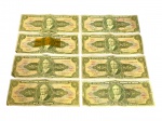 <b>NUMISMÁTICA, Brasil, República</b>, oito (8) cédulas de 10 cruzeiros, estampa 2, séries: 3923, 3087, 3097, 3619, 3869, 4008, 3730 e 3566, circuladas, 1 colada, apresentam marcas do tempo.
