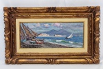 D ANGELO Cannone (ABRUZZO-ITÁLIA, 1889-1992, RJ-RJ) - 17,0 X 40,0 - Lindíssima e rara pintura, finamente executada em técnica de óleo sobre eucatex. Representando bela paisagem rica em movimentos e colorações. Assinada no C.I.E. Enquadrada em moldura de madeira nobre da época ricamente trabalhada medindo 35,0 x 58,0 cm. Perfeito estado de conservação. NOTA SOBRE O ARTISTA: Angelo Cannone (Abruzzo, Itália 1899 - Rio de Janeiro RJ 1992) Pintor e desenhista. Estuda no Instituto de Belas Artes de Nápoles com Paolo Vetri. Vive em Roma durante quatro anos com uma pensão conquistada em um concurso. Ganha uma série de prêmios em decorrência de suas exposições. Leciona desenho no Instituto Técnico. Em fins de 1947, vem ao Brasil, reside algum tempo em São Paulo e depois muda-se para o Rio de Janeiro, onde se radica. Pinta o retrato do Papa Pio X, em tamanho natural, que está na Igreja dos Italianos, na mesma cidade.