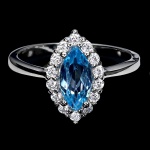 Elegante anel em prata de lei espessurada a ouro branco , design exclusivo de excepcional ourivesaria com lindo Topázio Swiss blue de 10 x 5.0 mm , clássica lapidação marquise brilhante, adornado por bela coroa de Zirconias extra brancas. perfeito estado de conservação, sem uso . aro mede 1,8 cm . Origem África.