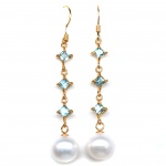 Elegante par de brincos em prata espessurada a ouro amarelo, design moderno exclusivo de excepcional ourivesaria com linda Pérola de 9.0 mm, adornada por rico trabalho e belíssimos topázios Sky blue de 4.0 x 4.0 mm, clássica lapidação quadrada brilhante. Perfeito estado de conservação, sem uso. Medem 5,4 x 0,6 cm . origem Tailândia e África.