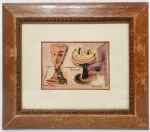 ALDO BONADEI (SÃO PAULO, 1906 - 1974) - Belíssima e antiga pintura executada finamente em técnica mista sobre cartão com ricas colorações. Assinada no C.I.D. Mede 12 x 17 cm. Enquadrada em elegante moldura da época de madeira medindo 31,5 x 37 cm. Bom estado de conservação. NOTA SOBRE O ARTISTA: Aldo Cláudio Filipe Bonadei (São Paulo, 17 de junho de 1906  São Paulo, 16 de janeiro de 1974) foi um pintor brasileiro, destacado integrante do Grupo Santa Helena por sua formação mais erudita.BiografiaOriundo de uma família descendente de imigrantes italianos de classe-média,1 o interesse por diferentes áreas levou-o a desenvolver atividades em poesia, moda e teatro. O artista teve importante atuação, entre os anos 1930 e 1940, na consolidação da arte moderna paulista e foi um dos pioneiros no desenvolvimento da arte abstrata no Brasil.No fim da década de 1950 atuou como figurinista na companhia teatral de Nydia Lícia e Sérgio Cardoso e em dois filmes de Walter Hugo Khoury.Entre 1923 e 1928 é aluno de desenho do pintor Pedro Alexandrino Borges (1856-1942), período em que também frequenta o ateliê do pintor Antonio Rocco (1880 - 1944). Em 1929, Bonadei torna-se amigo do professor de arte Amadeo Scavone. Viaja para a Itália, entre 1930 e 1931, e freqüenta a Accademia di Belle Arti di Firenze Academia de Belas Artes de Florença, onde tem aulas com o pintor Felice Carena (1879 - 1966) e seu assistente Ennio Pozzi (1893 - 1972), ambos ligados ao movimento novecento. Nesse período, dedica-se ao desenho da figura humana, principalmente ao nu. O que ele gostava de desenhar mais era homens a nu, esse era o melhor para ele, dizia que o homem era os seus melhores retratos, homem era a maior perfeição para os olhosRetorna a São Paulo no início da década de 1930 e participa ativamente do Grupo Santa Helena, da Família Artística Paulista - FAP e do Sindicato dos Artistas Plásticos. Integra de 1939 e 1941 o Grupo Cultura Musical, criado pelo psiquiatra Adolpho Jagle, que promove reuniões de artistas. Datam dessa época as suas primeiras experiências abstratas. Em 1949 leciona na Escola Livre de Artes Plásticas, primeira escola de arte moderna de São Paulo e participa do Grupo Teatro de Vanguarda. No ano seguinte, funda a Oficina de Arte - O. D. A., com Odetto Guersoni (1924-2007) e Bassano Vaccarini (1914-2002). No fim da década de 1950 atua como figurinista nas peças Vestido de Noiva, de Nelson Rodrigues (1912 - 1980), e Casamento Suspeitoso, de Ariano Suassuna (1927), ambas encenadas pela Companhia Nídia Lícia - Sérgio Cardoso. Nesse período, desenha alguns figurinos para dois filmes dirigidos por Walter Hugo Khoury (1929-2003), Fronteiras do Inferno (1958) e Na Garganta do Diabo (1959).