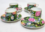 Lindíssimo e elegante jogo de 4 xícaras para chá, feitas em porcelana de ótima qualidade e manufatura nacional, adornadas por bela pintura á mão com rico motivo floral e filetes á ouro. Perfeito estado de conservação, medem 6,5 cm de altura x 14,0 cm de diâmetro dos pires cada.