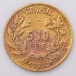 Moeda de 500 Réis, ano 1927. Diâmetro: 2cm.