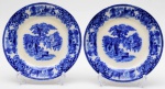 Par de pratos rasos em faiança inglesa esmaltada e vitrificada com decoração dita borrão. 1 prato apresenta restauro na borda. Diâmetro: 22,5cm.
