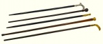 Lote de cinco bengalas em madeira  com castão em bronze e madeira. Med. 90 cm