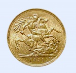 Moeda de ouro 1 libra , Reino Unido , 1931 , ouro 917 . Peso 7,9 gr Med. 2,1 cm diam
