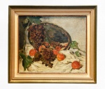 Leopoldo Gotuzzo (Pelotas RS 1887 - Rio de Janeiro RJ 1983): "Natureza Morta", óleo s. tela , ass. inf. esq. e dat. 1946. Med. Mi  Me (Nota biográfica: Pintor e desenhista. Inicia sua formação artística em Pelotas, Rio Grande do Sul, em torno de 1900, com o pintor italiano Frederico Trebbi (18-- - 1928?). Vive em Roma, de 1909 a 1915, quando estuda pintura com Joseph Nöel e visita os principais museus italianos. Transfere-se para Madri, em 1915, ano em que, pela primeira vez, envia seus trabalhos ao Salão Nacional de Belas Artes - SNBA do Rio de Janeiro. Retorna ao Brasil em 1919 e passa a expor em Pelotas, Porto Alegre e Rio de Janeiro, onde se radica no ano seguinte. Como participante do SNBA, é premiado em 1916 com medalha de bronze, em 1917 e 1919 com medalhas de prata, e em 1922 com medalha de ouro. Entre 1927 e 1930, viaja novamente à Europa mostrando suas obras em Lisboa, Porto e Paris. Participa de diversas edições do Salão Paulista de Belas Artes, no qual é premiado em 1938 e 1939. Em 1949, Gotuzzo torna-se patrono da Escola de Belas Artes de Pelotas e, em 1955, a instituição cria um salão de arte com seu nome. Após sua morte, em 1983, a Universidade Federal de Pelotas - UFPel recebe sua coleção de quadros e desenhos, legados em testamento. Em 1986, é inaugurado o Museu de Arte Leopoldo Gotuzzo - Malg nessa universidade.