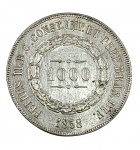 Numismática : Moedas de prata 917 , Brasil 1000 réis : 1856 (27 un) / 1852 (9 un) / 1858 (11 un) /1850 (3 un) / 1853 (1un) / 1864 (1 un) /1865 (1 un) /1866 (2 un) /1863 (21 un). Total : 76 un. Peso . 968 gr