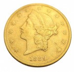 Moeda americana de 20 dólares de coleção, em ouro 22k, com busto da Liberdade e datada 1889 e no anv