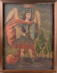 Pintura religiosa do Séc. XIX - Representa a Imagem de São Miguel Arcanjo, pintura a ost, sem assinatura, 74 x 56 cm.