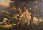 Assinatura não encontrada - Pintura europeia , paisagem com figuras, ost 68 x 98 cm.