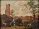 Escola europeia, assinatura ilegível,  Pastor com vista de cidade ao fundo, osm assinado cid, 29 x 38 cm.