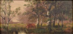 Pintura europeia sem assinatura - Floresta com Veado, osm 15 x 30 cm.