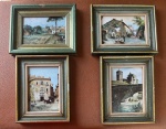 Conjunto de quatro pinturas emolduradas. Cada pintura retrata cenas de paisagens urbanas europeias.Como se encontram nas fotos medindo 21 cm X 17 cm.  