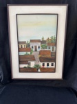 Belíssima pintura a óleo emoldurada, representando uma cena de uma vila ou bairro com casas e ruas. A pintura utiliza uma paleta de cores suaves, com tons terrosos e pastel, criando uma atmosfera calma e serena. Contem assinatura no canto inferior direito de Aclima de 1977. Como se encontra nas fotos, o marco mede 79 cm X 59 cm. E a pintura mede 61 cm X 41 cm.  