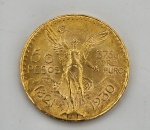 Moeda de Ouro 50 Pesos Mexicano 1930, em ouro 22K , peso 41,6 g, diâmetro 37 mm. Descrição do bordo