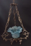 Lustre em bronze com manga em vidro jateado . Medida total : 78 cm / Medida cúpula : 17 x 10 cm.