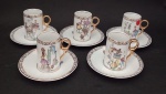 PORCELANA PARANÁ -  Jogo com cinco Xicaras para cafe e cinco pires em porcelana branca com decoração e filetagem dourada . Medindo pires : 10 cm / Xicara : 6 x 4 cm .