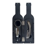 Este kit abridor de vinho com estojo  em formato de garrafa de vinho, contém 3 peças: um canivete saca-rolhas com corta lacres, um aerador para realçar os aromas e sabores do vinho, e um anel salva-gotas, que evita respingos e mantém a garrafa sempre impecável. Feito com materiais de alta qualidade, como plástico ABS, aço inox, eva e silicone, o kit tem dimensões de 6 cm x 6 cm x 23,3 cm.