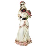 Estatueta representando noiva cadáver, confeccionado em resina com excelente acabamento, rica em detalhes, policromada,  produzida de modo semi artesanal, com pintura realizada a mão. Medidas: Altura: 24,5 cm. Largura: 8,5 cm. Comprimento: 11 cm.