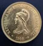 Moeda Brasileira, República, Valor 20.000 Reis, Ano 1908, Ouro, Peso 17,93 g, Diâmetro 30 mm, Soberb