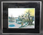 Quadro decorativo, com pintura metalizada, com paisagem de casa de campo no inverno. Medida total, 26 x 31 cm.