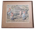 ROBERT HÖGFELDT - Antiga, rara e original pintura aquarelada sobre cartão, assinada na parte direita inferior e emoldurada com proteção de vidro. Robert Högfeldt  1894/1986, nasceu na Holanda, pintor e cartunista com formação em Paris e na Suécia, suas obras são na maioria motivos de sátiras ao comportamento social da época. Possuindo obras até no Museu de Estocolmo - Suécia. Medida total com moldura 33x38cm.