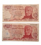 Lote com duas cédulas de 100 pesos argentinos.