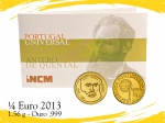Moeda de Portugal - 1/4 de EURO 2013 - UC #202 - Ouro (.999) - 1.56 g - Proof - Antero de Quental - Cartela original da Casa da Moeda de Portugal - Série Portugal Universal - 14 mm. Id 9427