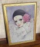 Quadro de mulher caracterizada como `mímica` e rosa na orelha, Assinatura `Mira Fujita` Paris 1984 com moldura dourada - dim - 46x65x4