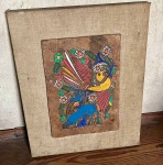 Quadro abstrato colorido com dois animais retratados, um amarelo e um azul com flores - dim - 34x44x3