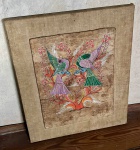 Quadro abstrato dois pássaros verde e roxo e uma árvore laranja ao fundo - dim - 44x54x3