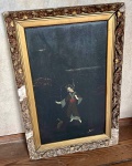 Quadro de gueixa vestida de preto em fundo preto, assinado `Raul` e em moldura ornamentada de madeira - dim - 40x60x6