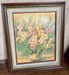 Quadro de vaso de flores com moldura de madeira em diversas cores sendo branco, dourado, verde escuro e bordô - dim - 57x67x6