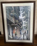 Quadro com paisagem urbana que remete arquitetura europeia com um casal no fundo com moldura em madeira e assinatura `Al Federico` - dim - 54x75x3