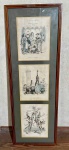 Quadro com 3 desenhos que lembram `charges` e remetem a Europa antiga em moldura de madeira e vidro - dim - 28x82x2
