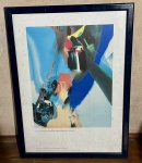 Quadro de arte abstrata com tom principal em azul e alguns escritos `Paul Jenkins` em moldura de Madeira - dim- 57x75x3