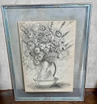Quadro de um desenho de um vaso de flores emoldurado em vidro com arestas metálicas - dim - 50x65x3
