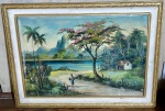 Quadro de mulher passando em estrada com bela paisagem e uma casa à beira de um lago com moldura em madeira em tom dourado, assinado `Michele L.` - dim- 79x58x4