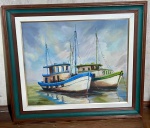 Quadro de dois barcos um verde, outro azul com moldura em madeira de tom escuro/verde turquesa assinado `Bita Macedo` - dim - 73x65x5