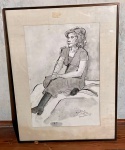 Desenho de estilo cubista de mulher sentada em moldura fina de madeira com assinatura - dim - 52x69x3