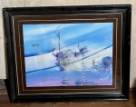 Quadro abstrato com principal tom em azul, contendo roxo e branco em fundo marrom com listra dourada e moldura de madeira - dim - 82x67x4