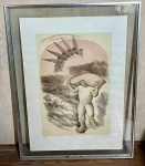 Quadro que retrata homem carregando saca e beija flor voando acima em vidro com arestas metálicas - dim - 62x83x3