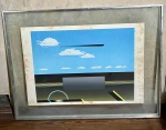 Quadro abstrato que retrata formas geométricas e o céu assinado `Ivan Freitas` emoldurado em vidro com arestas metálicas - dim - 84x64x3