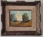 Brunocilla, óleo sobre placa industrializada "Paisagem campestre com figuras" datado de 1989 medida interna  15 cm por 21 cm e total emoldurado  33 cm por 39 cm.