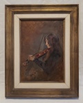 Antiga pintura de violinista em óleo sobre tela , obra reentelada medida interna 35 cm por 24 cm e total emoldurada 53 cm por 41 cm, assinado mais não identificada.