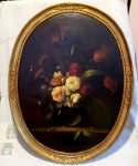 Jan P. Bents, pintura europeia sobre tela reentelada e emoldurada no formato oval "Natureza Morta" medindo 90 cm por 70 cm apresenta faltas pictóricas visíveis nas fotos.