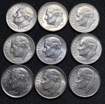 lote 9 moedas dos EUA - One Dime, 2000, 02, 03, 04, 06, 08, 11, 12 e 15