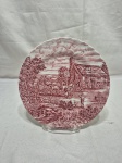 Lindo prato de sobremesa decorativo em porcelana inglesa vermelha e branca, cena de fazenda. Medindo 21cm de diâmetro.