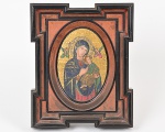 Raro ícone repres. Nossa Senhora do Perpétuo Socorro em micro mosaico, no estilo Bizantino, formato